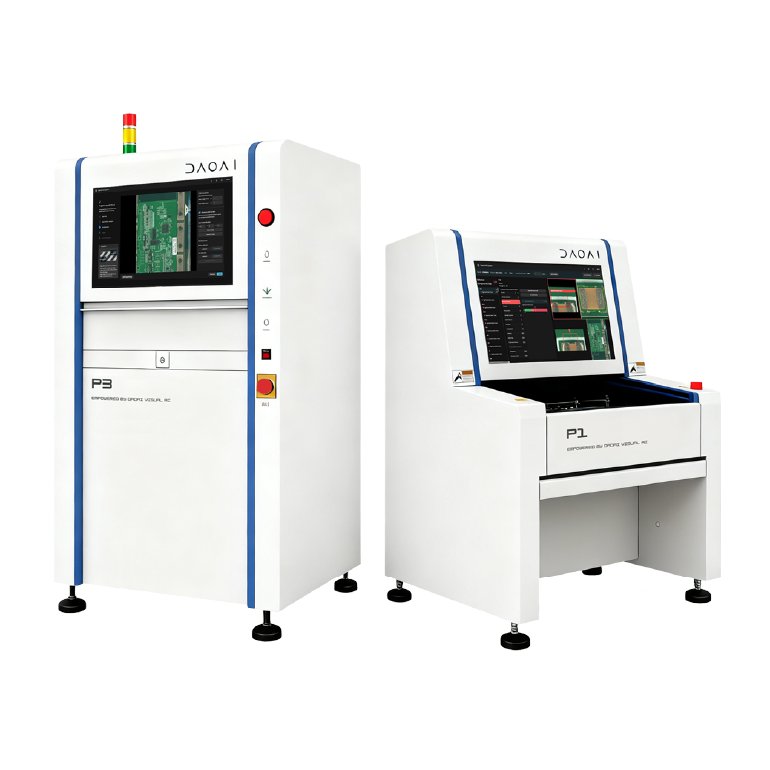 DaoAI inline P3 AOI cabinet beside the offline benchtop P1: the two form factors for high-mix and at-takt inspection