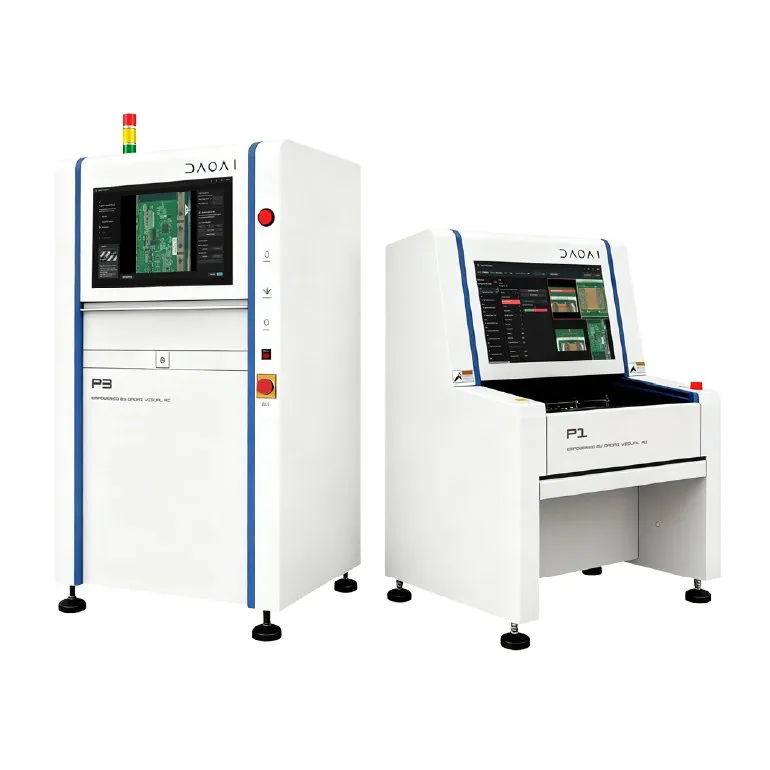 DaoAI inline P3 AOI cabinet beside the offline benchtop P1: the two form factors for high-mix and at-takt inspection