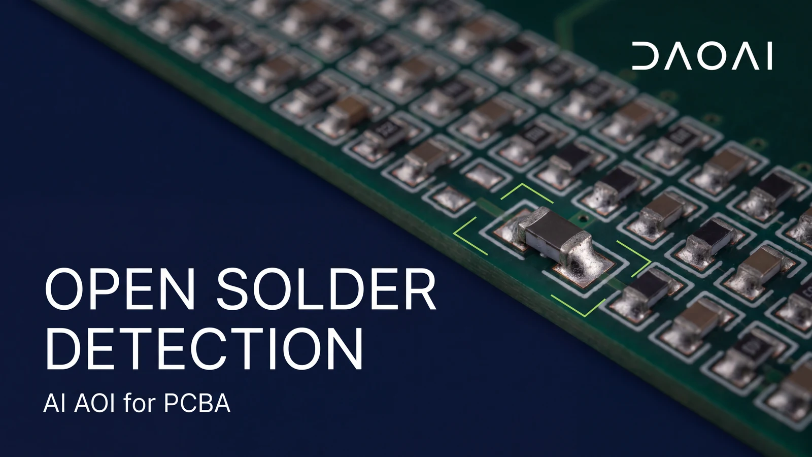 Editorial illustration of PCB solder joints with Open Solder Detection title and DaoAI logo
