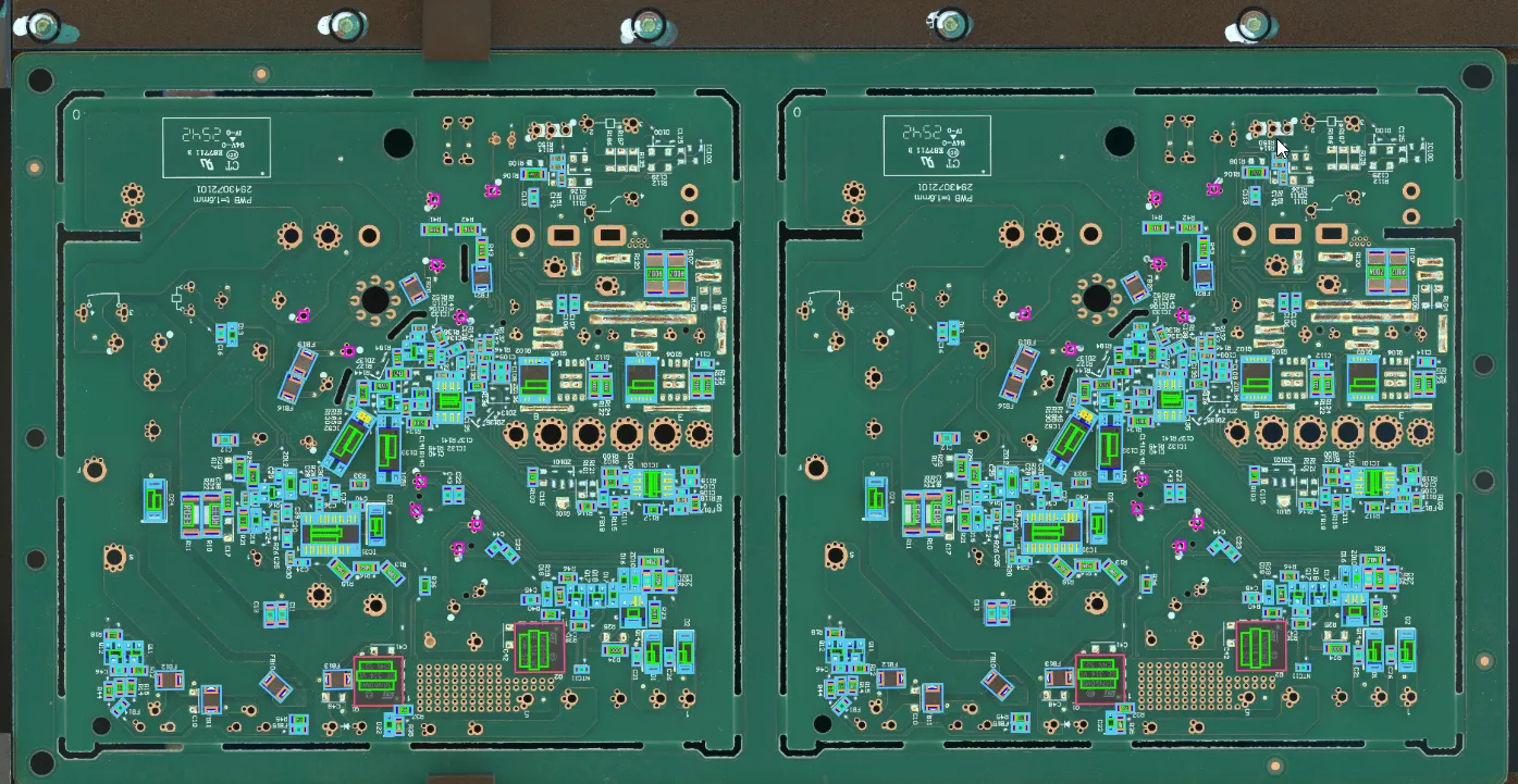 Two-up through-hole panel in the AOI software with every component boxed for presence, part and polarity checks