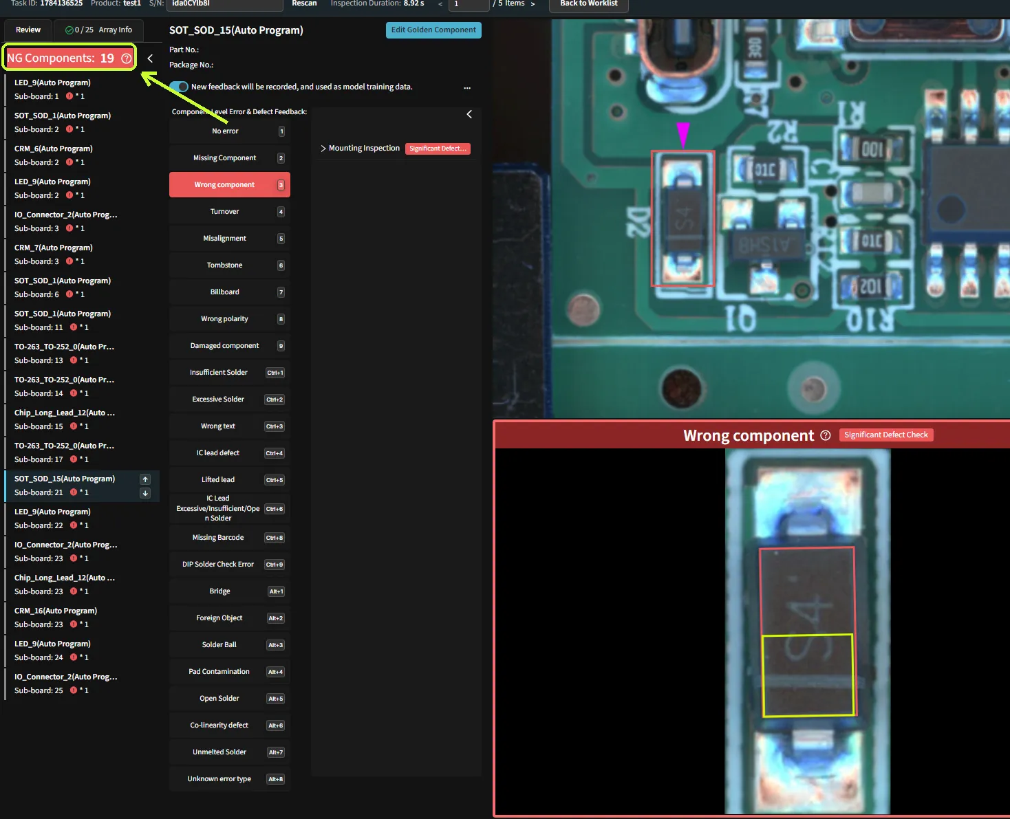Inspection 02 result screen, NG Components: 19, with the recorded alert list.