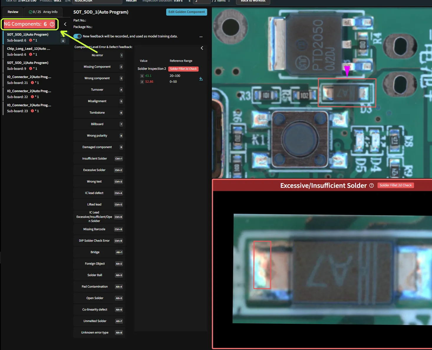 Inspection 03 result screen, NG Components: 6, with the recorded alert list.
